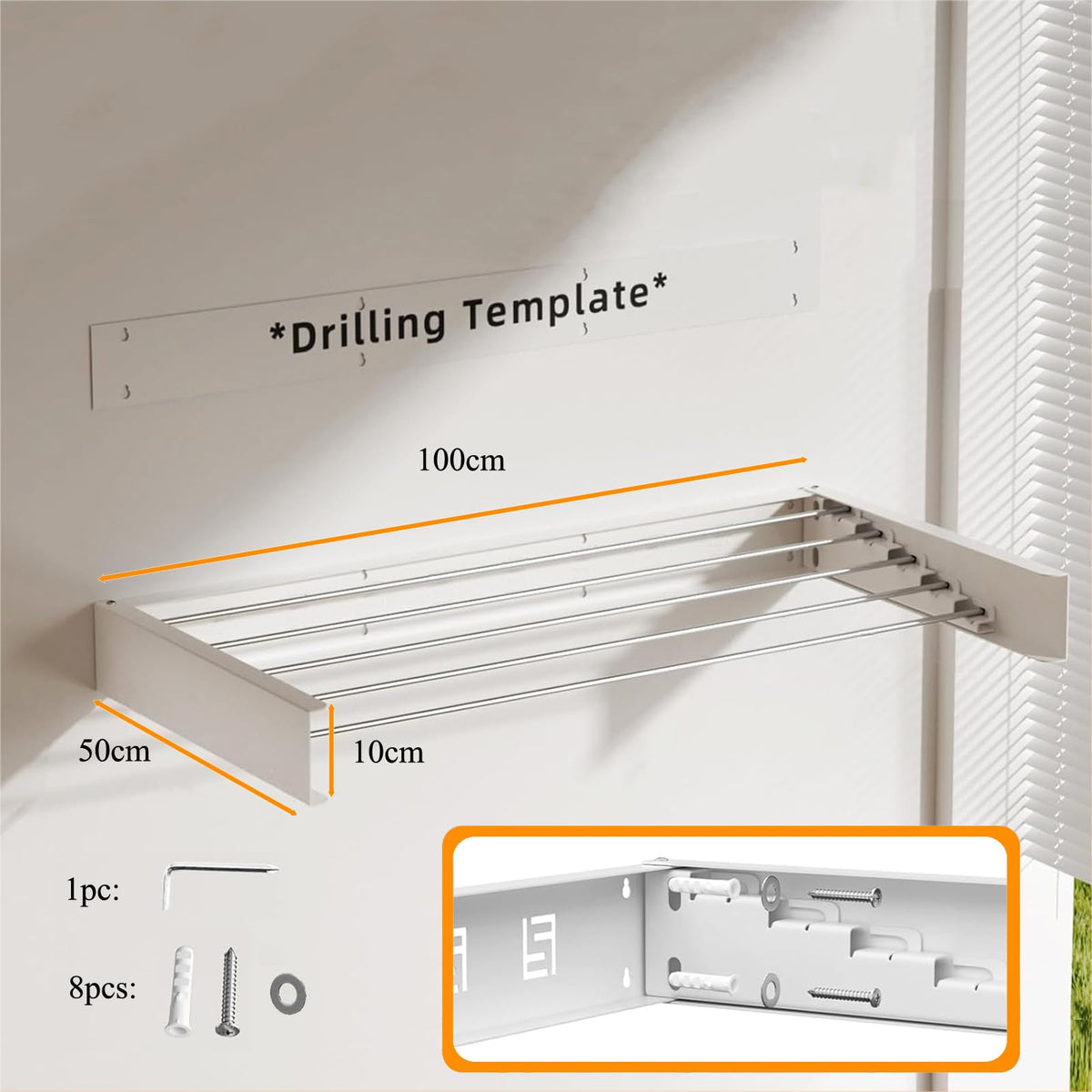 DAIYEE 100cm White Wall-Mounted Foldable Clothes Drying Rack Size DEMO