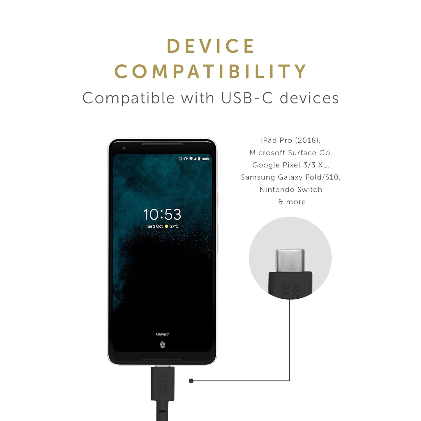 Native Union Type A to USB-C 1.2m Braided Belted Charging Cable Cosmos Black NEW