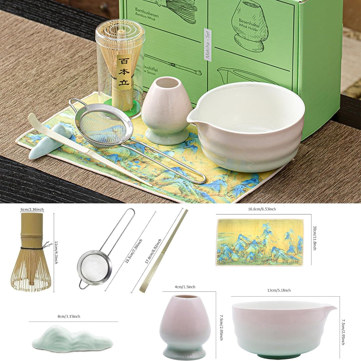 Handcrafted Matcha Bowls Green Pink Bamboo Bowl with Spout and Whisk Set NEW