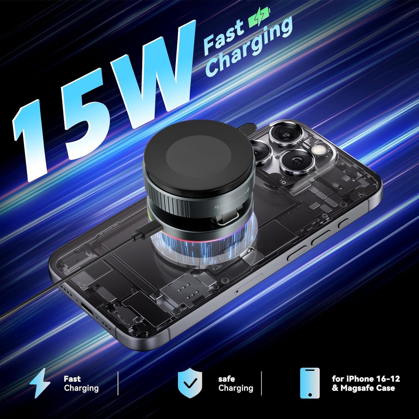 360 Degree Rotating Wireless Magnetic Car Charger Cradle 15W Suction Cup DEMO