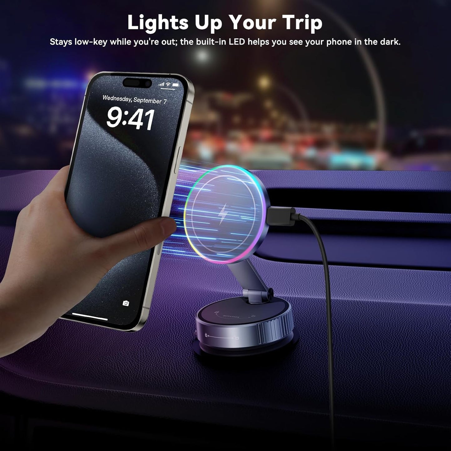 360 Degree Rotating Wireless Magnetic Car Charger Cradle 15W Suction Cup DEMO