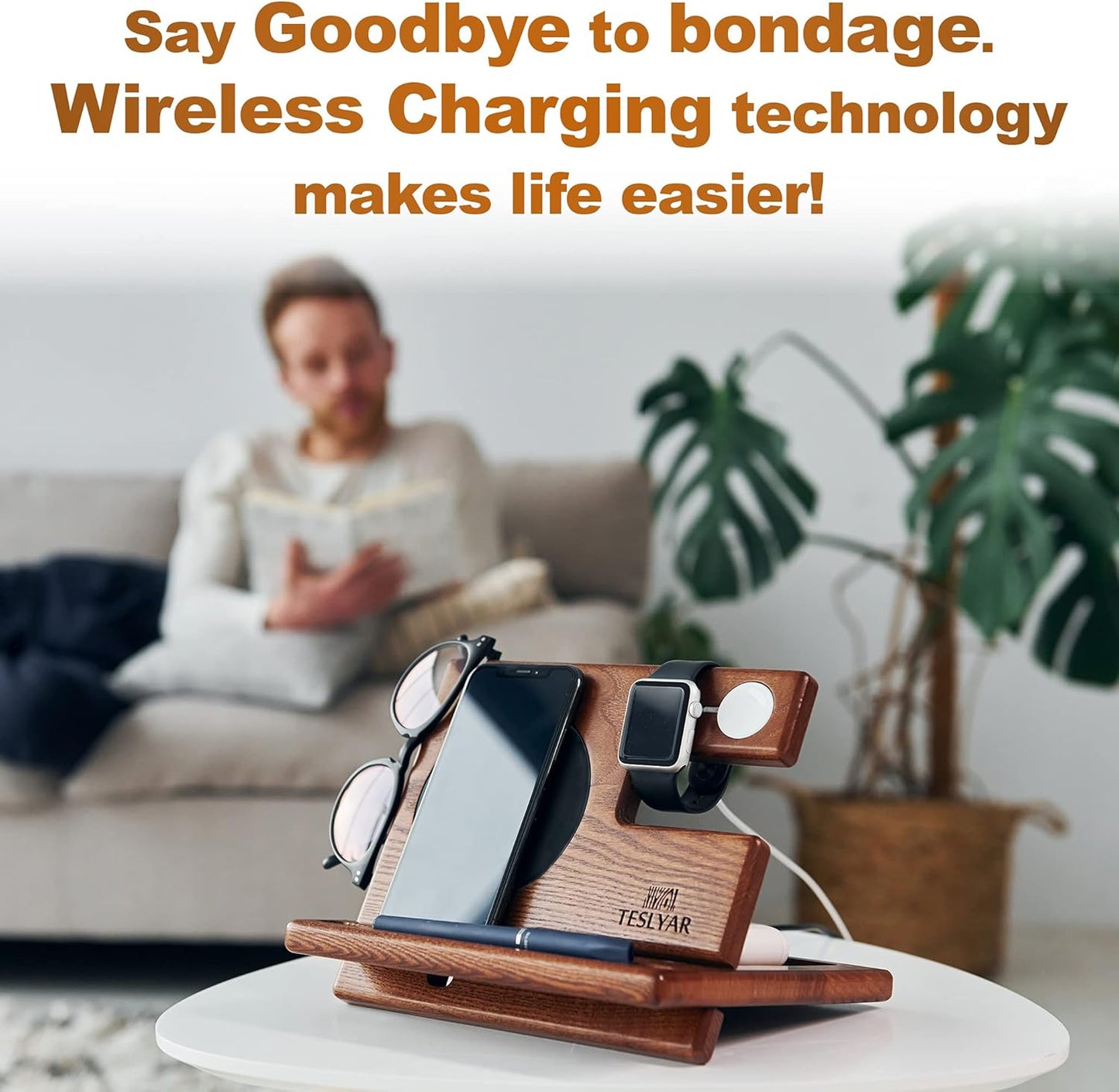 Teslyar Multifunctional Charging Station Organizer Dock Holder Stand Brown NEW