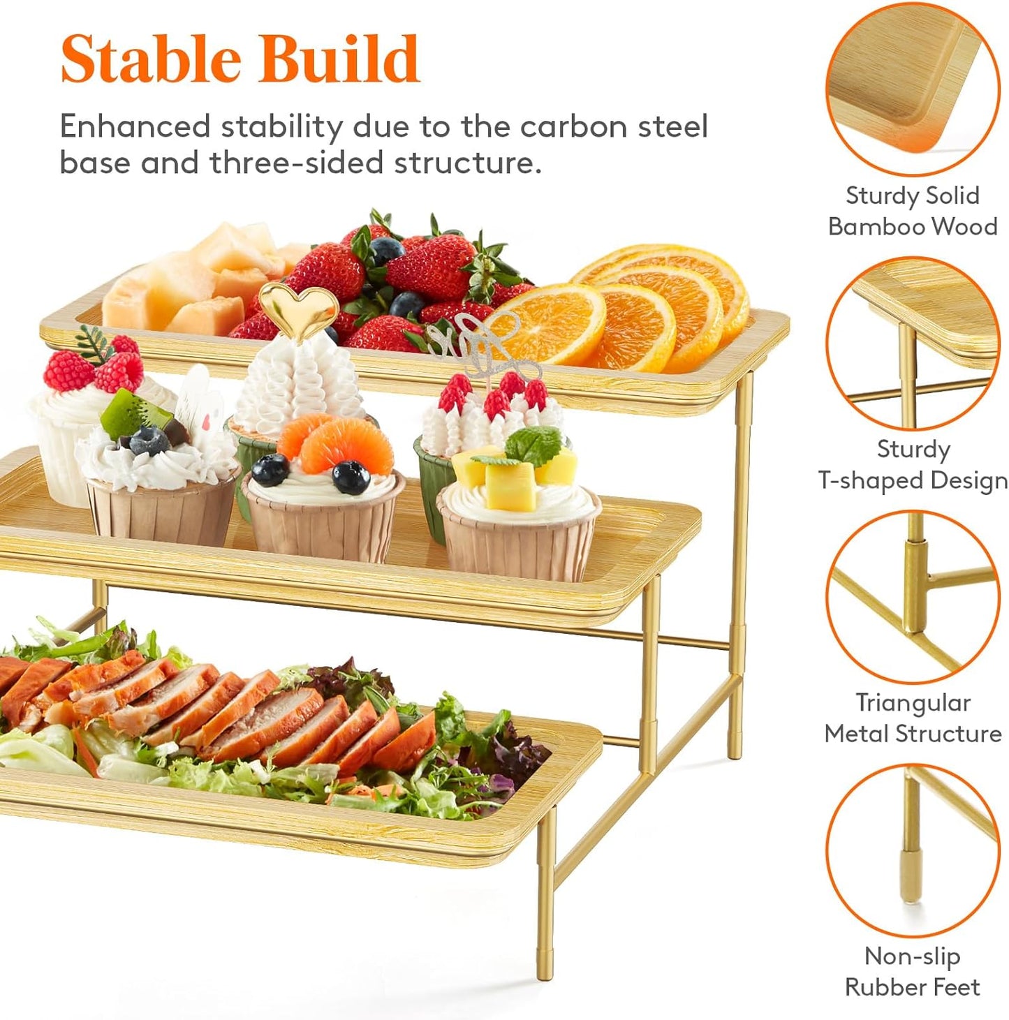 Lifewit 3-Tier Bamboo Serving Tray, Gold Tiered Platters for Party Supplies NEW