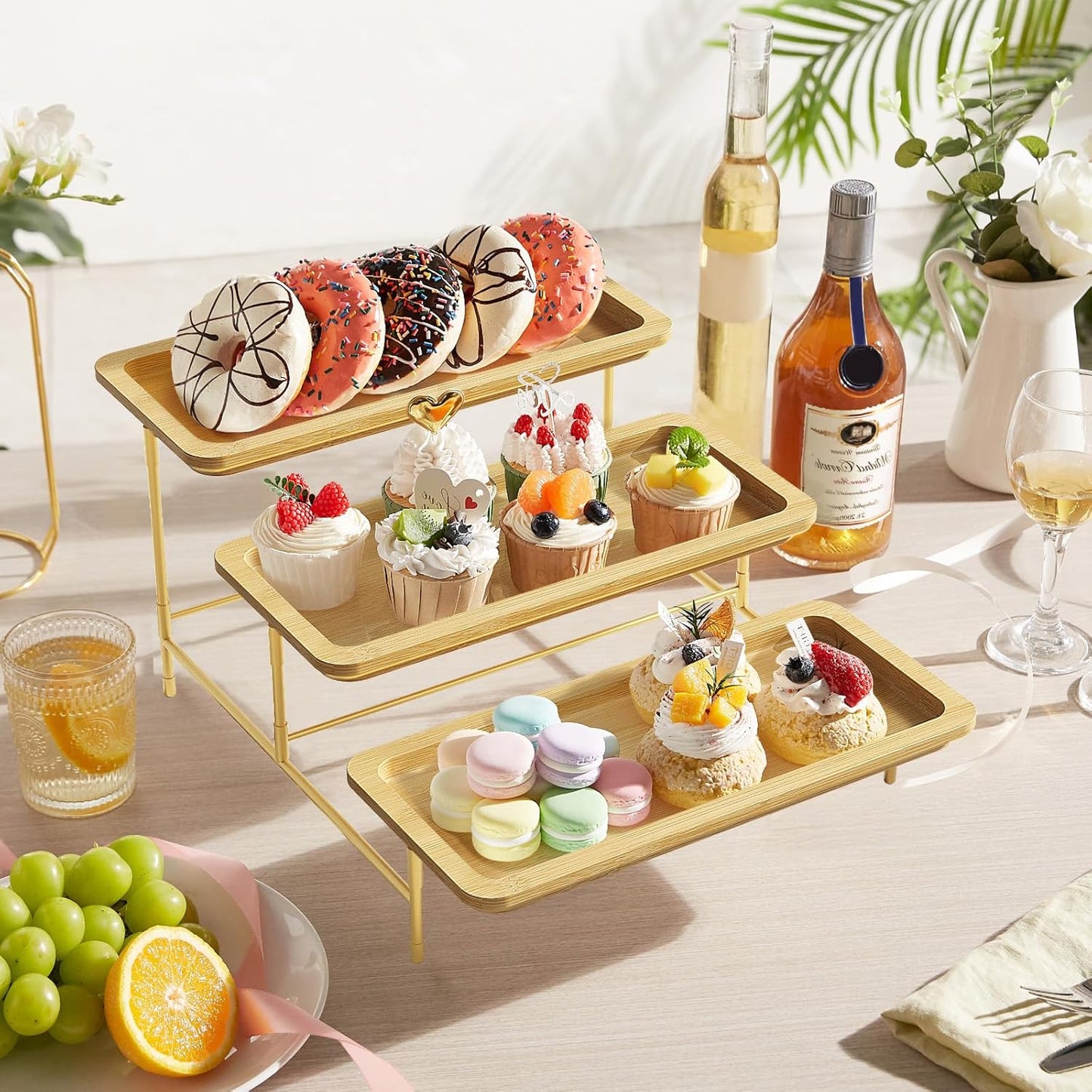 Lifewit 3-Tier Bamboo Serving Tray, Gold Tiered Platters for Party Supplies NEW