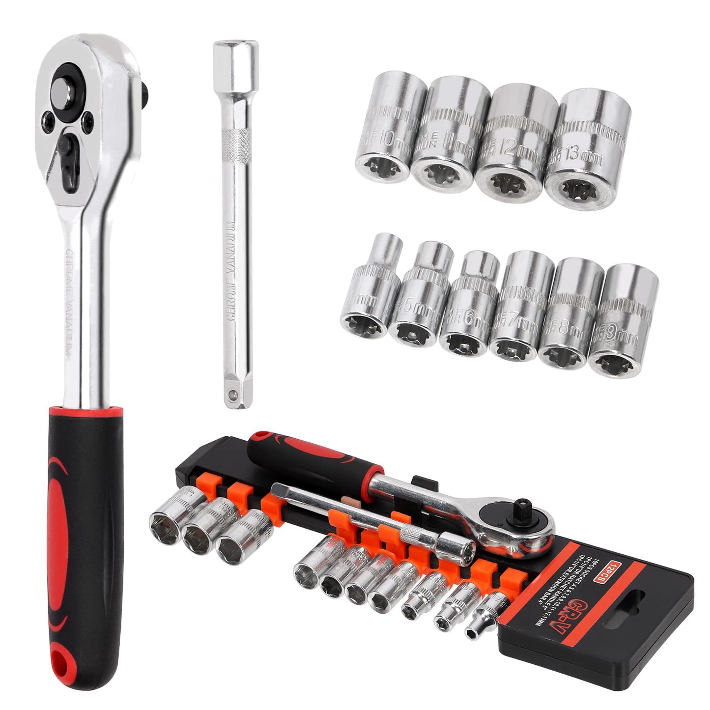 Mardatt 12-Piece Ratchet Socket Wrench Set Chrome Vanadium Steel Size 4-13mm NEW