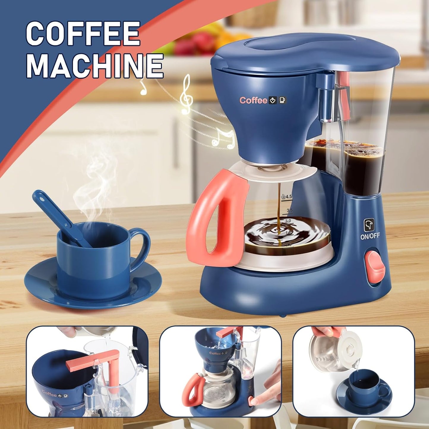 Blue Kids & White Kitchen Playset with Coffee Machine Toaster Blender Mixer NEW