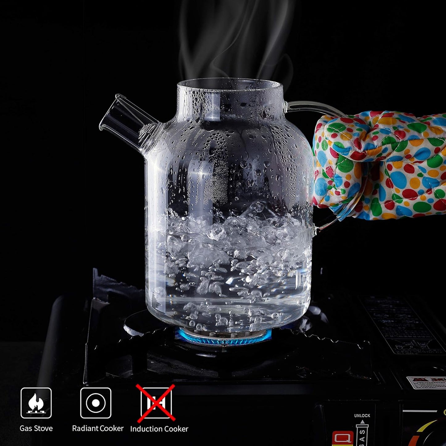 CNGLASS 50.7OZ/1500ml Stovetop Safe Glass Teapot with Removable Filter Size NEW
