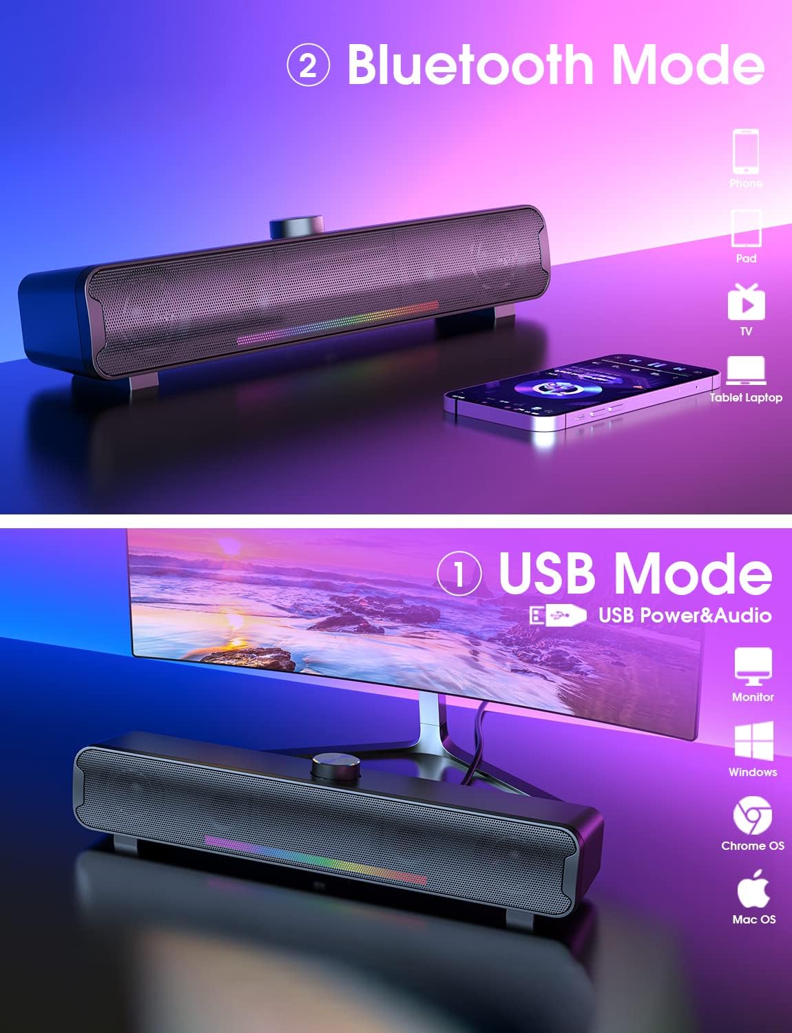 NOOTRY Bluetooth Soundbar Speakers with Dual HiFi Stereo & RGB Lighting DEMO