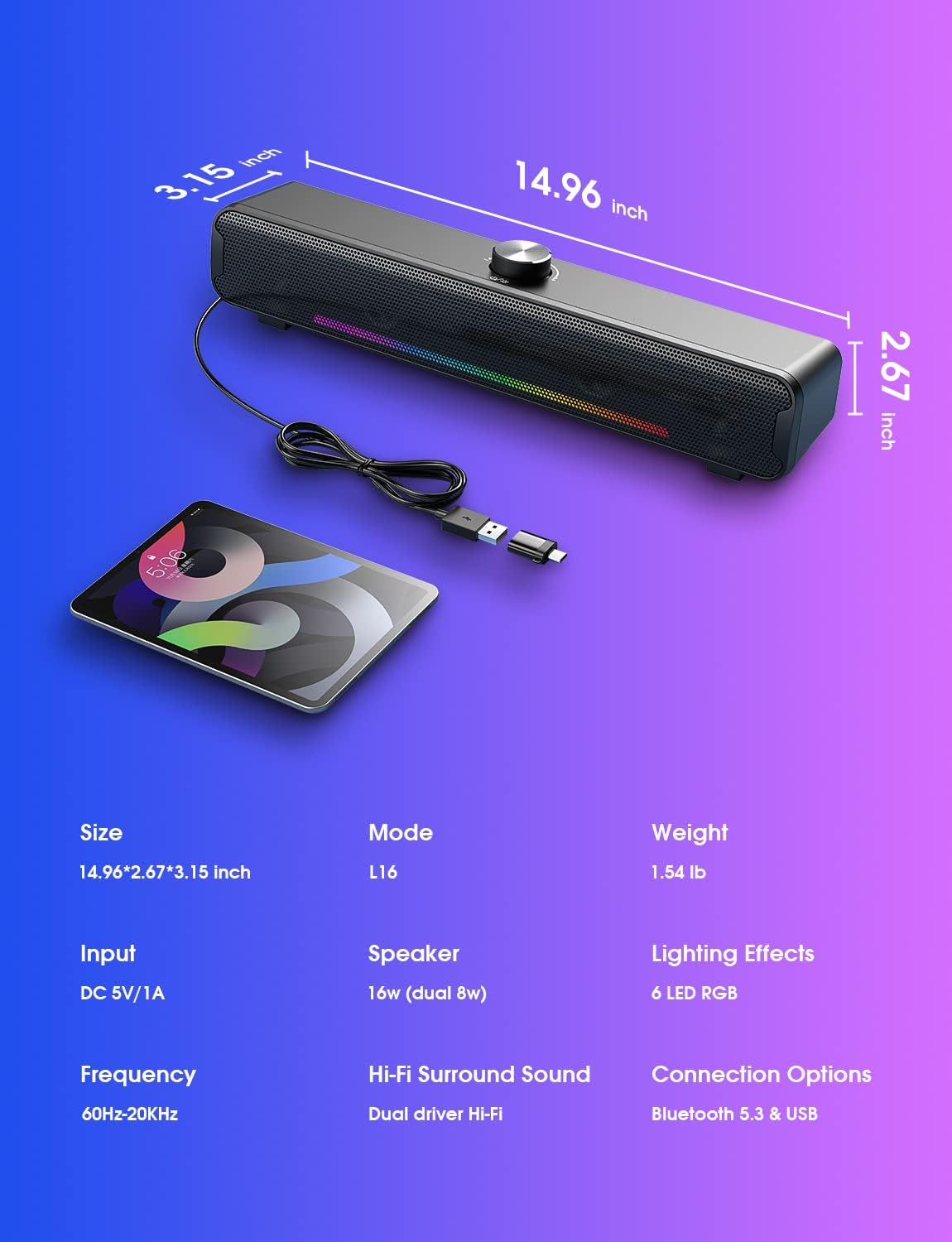 NOOTRY Bluetooth Soundbar Speakers with Dual HiFi Stereo & RGB Lighting DEMO
