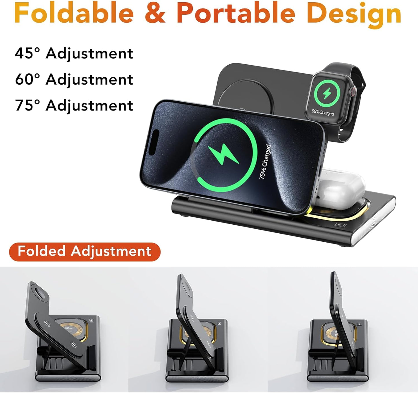 3-in-1 Foldable Fast Wireless Charging Station for iPhone Android Devices NEW