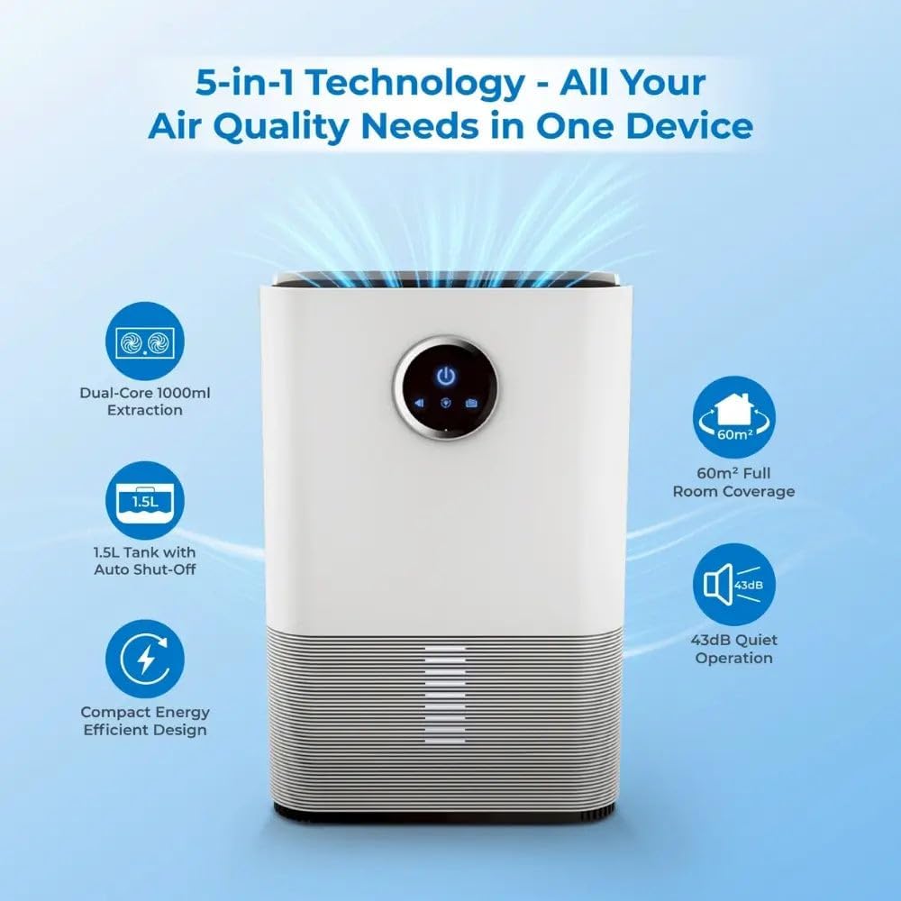 HOVEROO 1000ML Air Purifier & Dehumidifier for Home Damp Control, White NEW