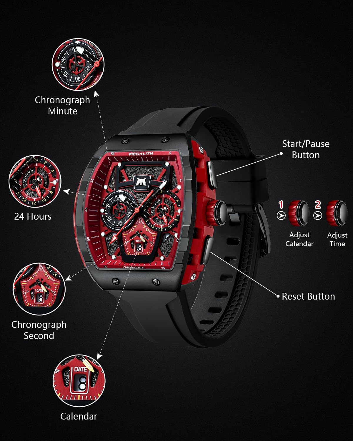 MEGALITH Analog Chronograph Wrist Watch Waterproof Military Sport Black 43mm NEW