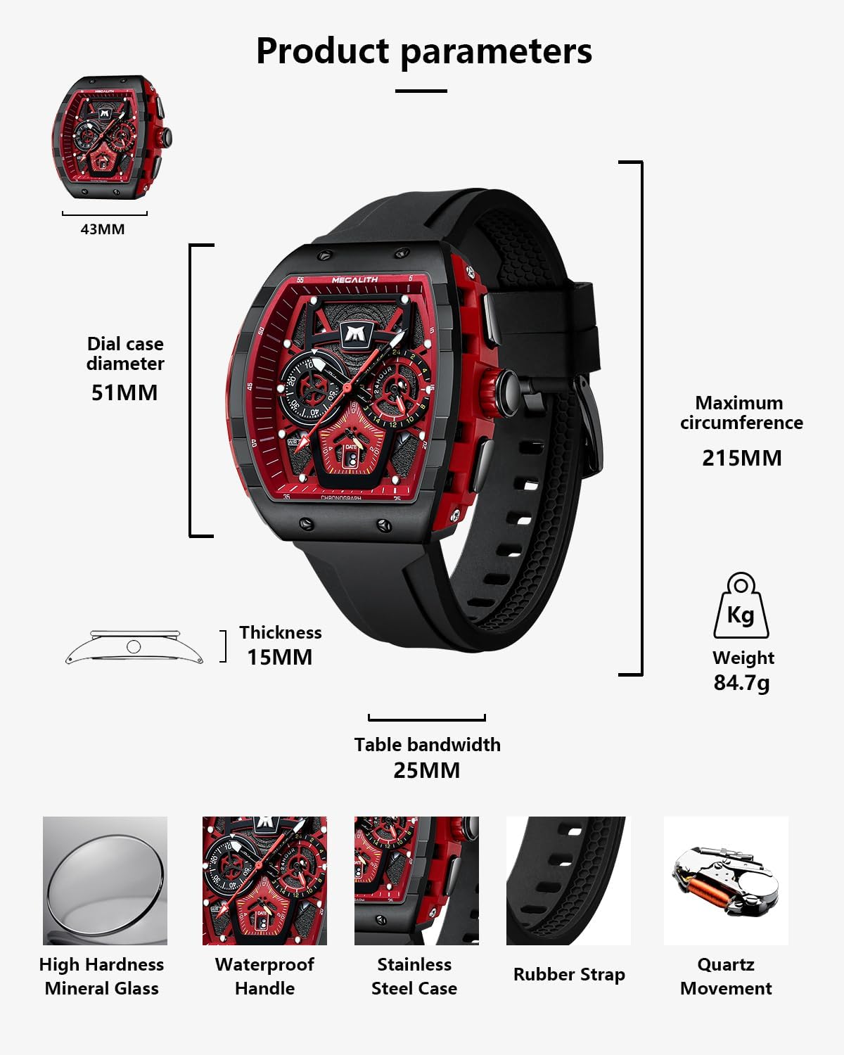 MEGALITH Analog Chronograph Wrist Watch Waterproof Military Sport Black 43mm NEW