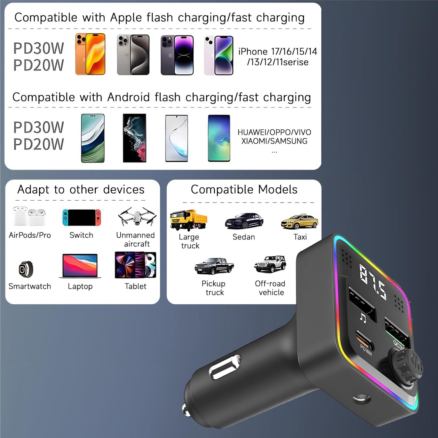 Bluetooth Automobile Charger 5.3 FM Transmitter USB-C Black NEW