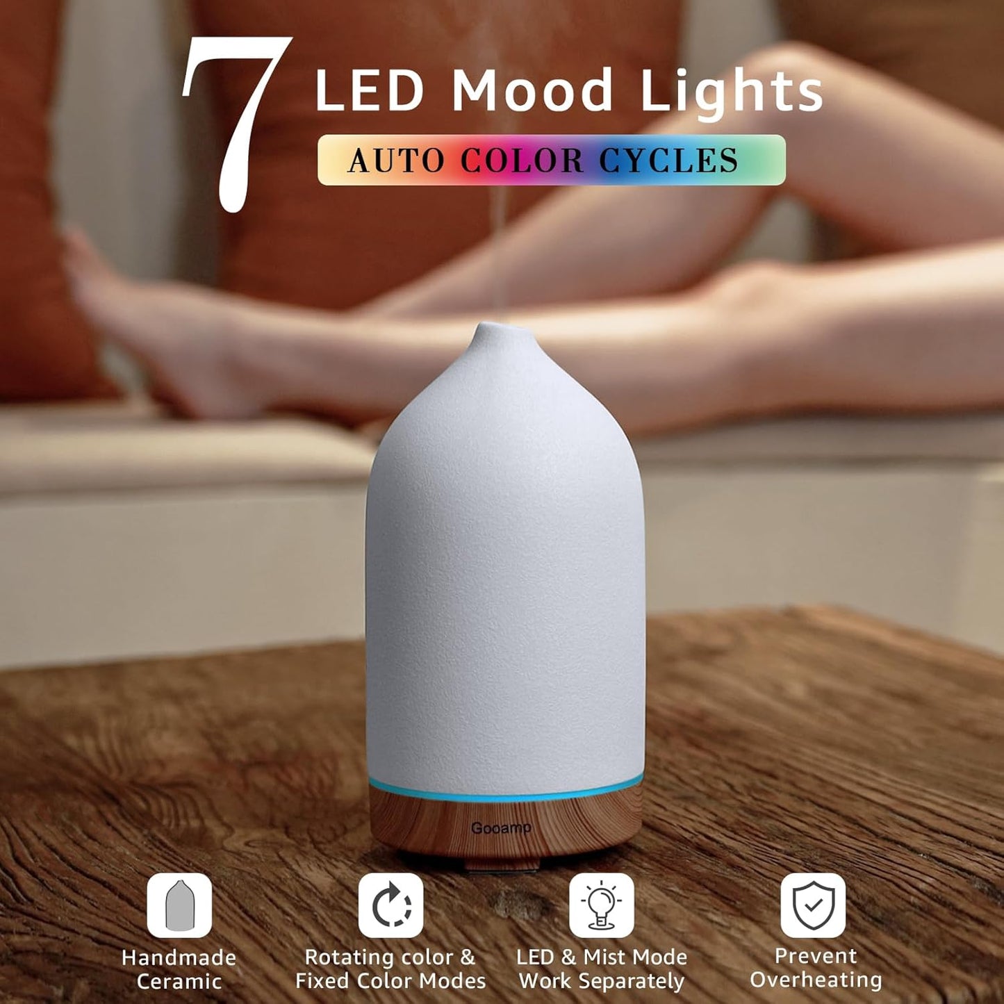 Gooamp 200ml Ceramic Aroma Essential Oil Diffuser for Home, Wood & White NEW