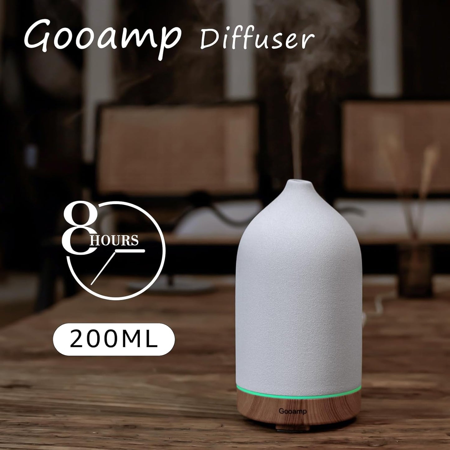 Gooamp 200ml Ceramic Aroma Essential Oil Diffuser for Home, Wood & White NEW