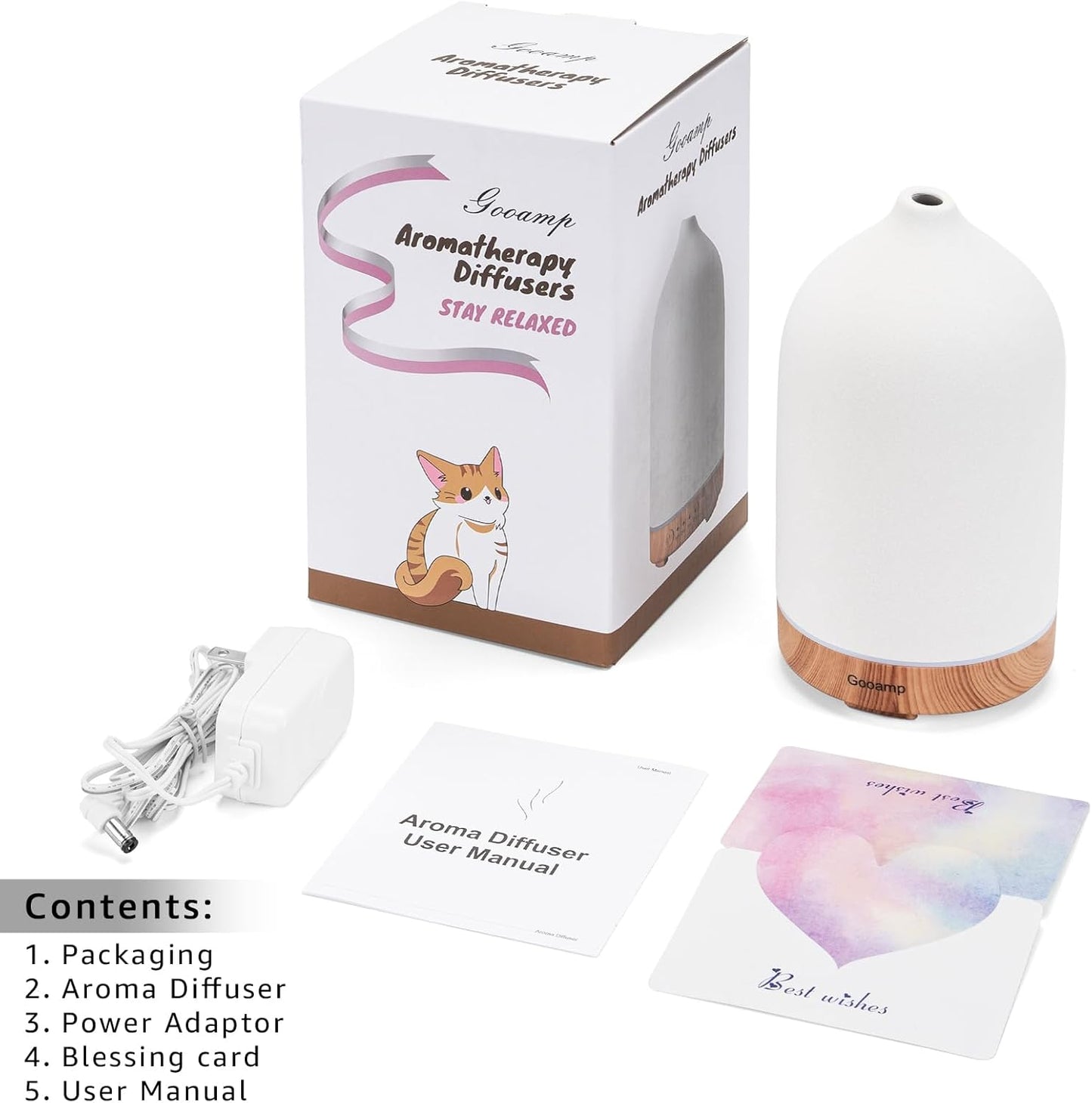 Gooamp 200ml Ceramic Aroma Essential Oil Diffuser for Home, Wood & White NEW