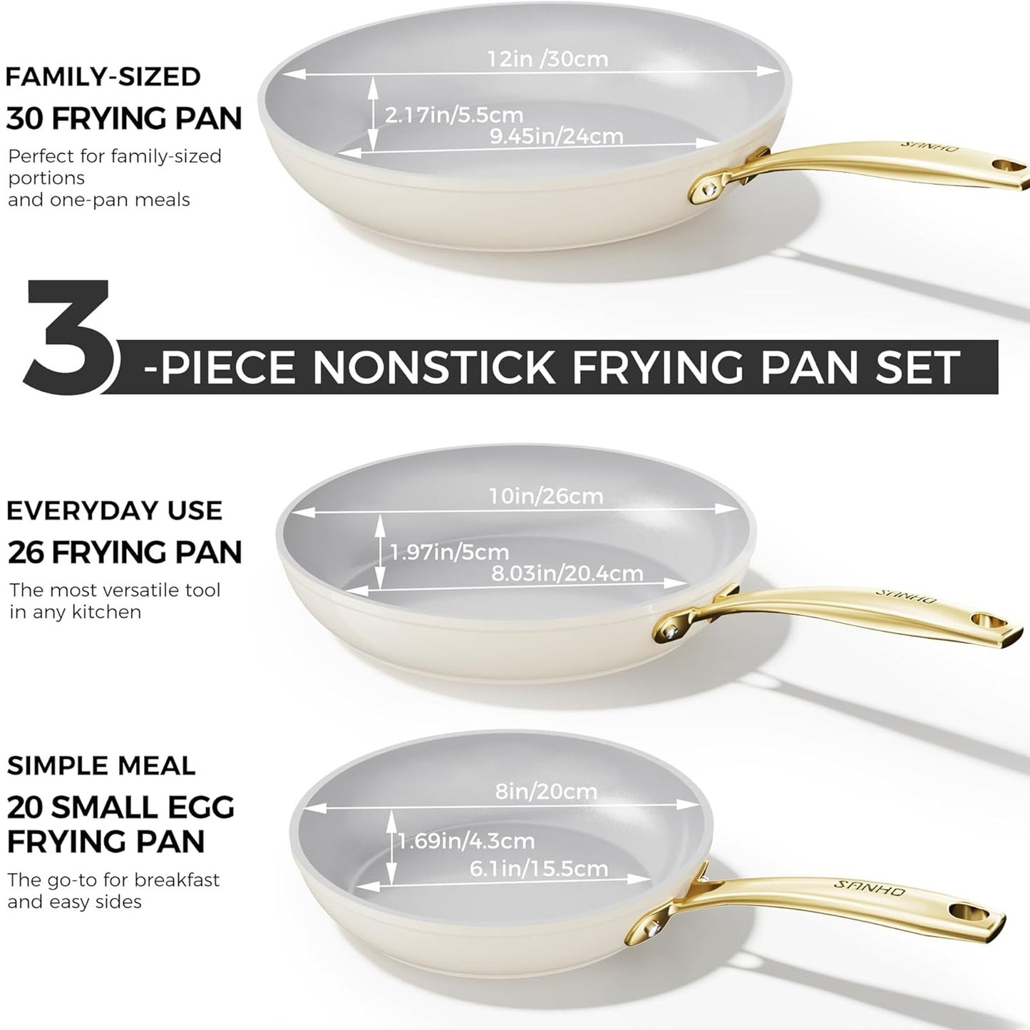 Sanho 3 Piece Nonstick Frying Pan Diamond-Titanium Ceramic Coating NEW