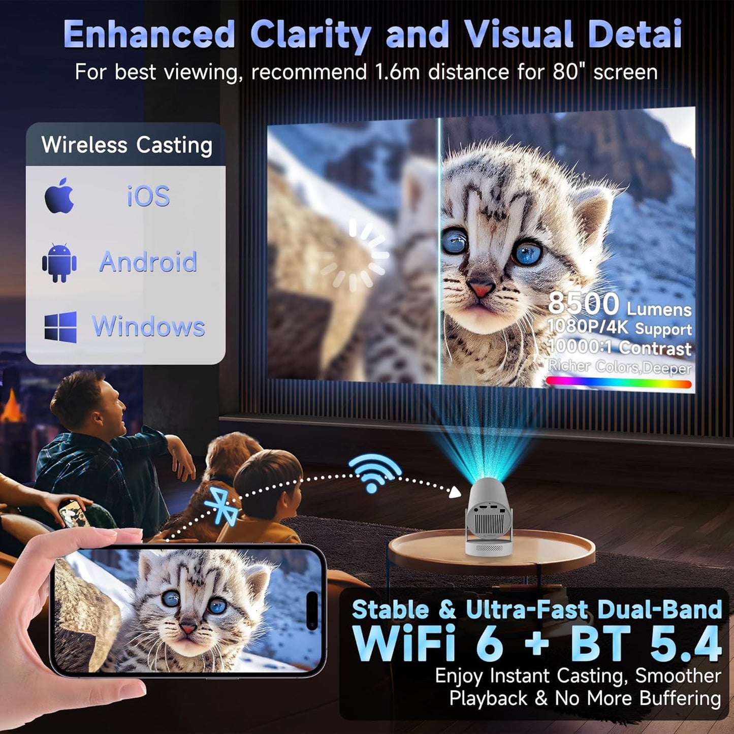 Portable 1080P/4K Projectors HD Projector with Electronic Focus - White