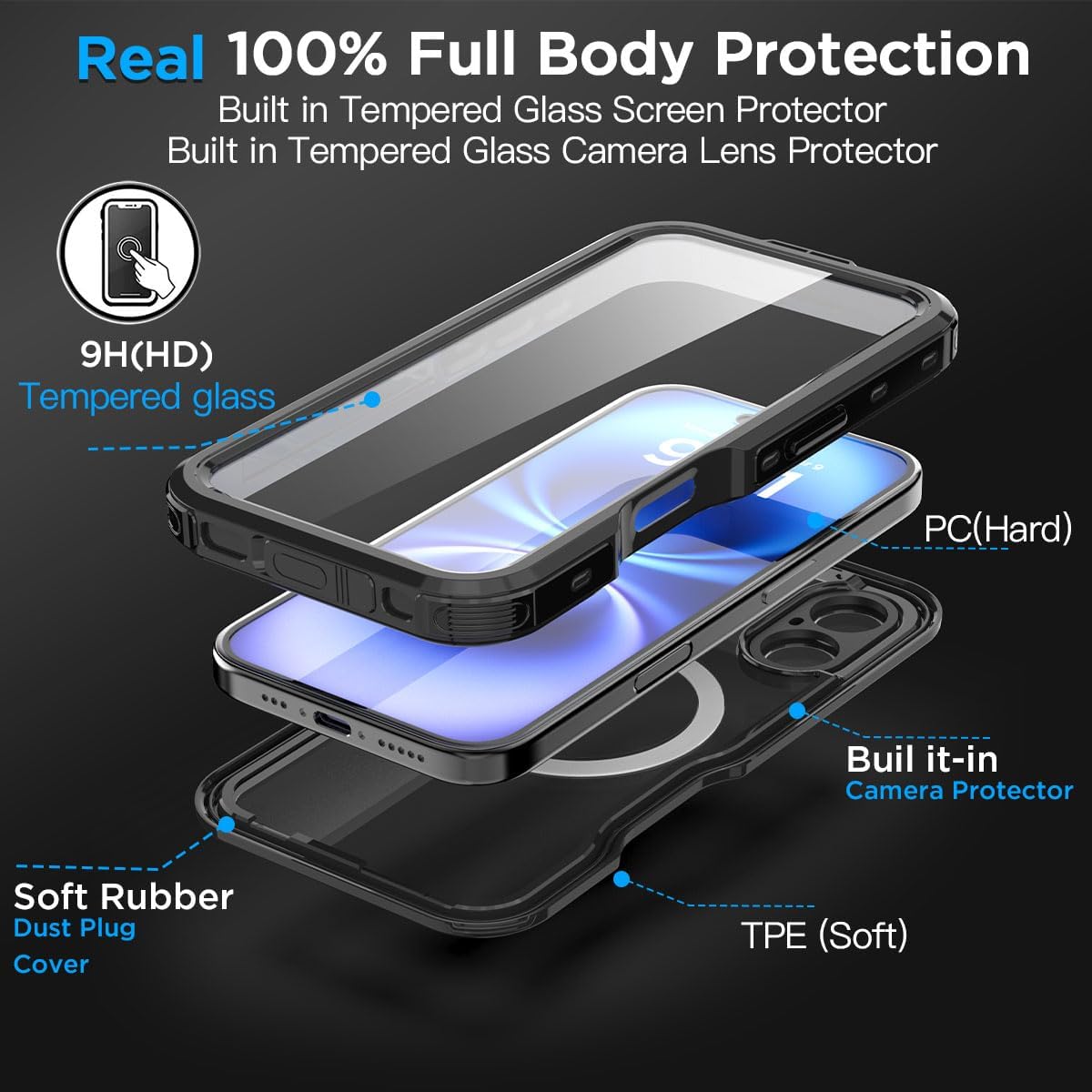 Redpeppercase Waterproof Phone Case for iPhone 16 Plus Black Transparent NEW
