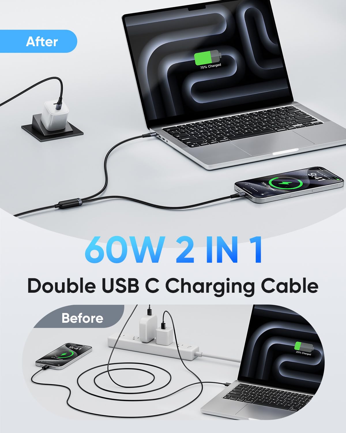 SUNGUY 2-in-1 USB Cables USB-C to 60W Fast Charging Cable, 5FT Reversible NEW