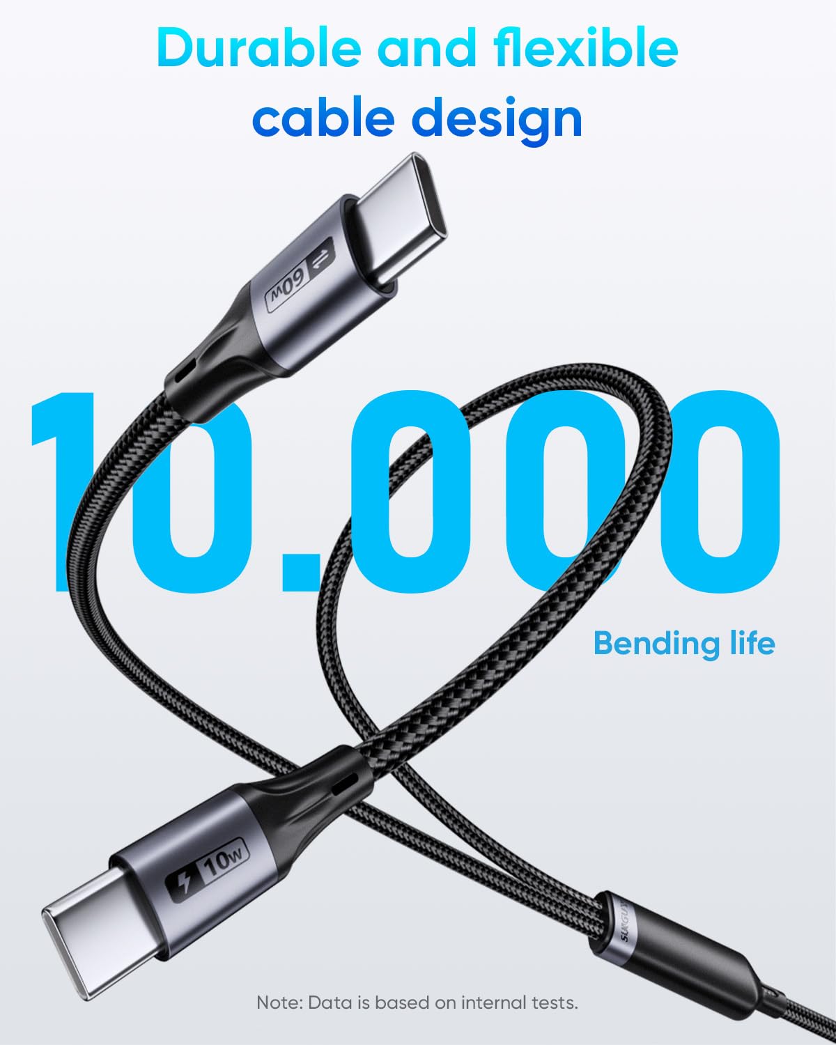 SUNGUY 2-in-1 USB Cables USB-C to 60W Fast Charging Cable, 5FT Reversible NEW