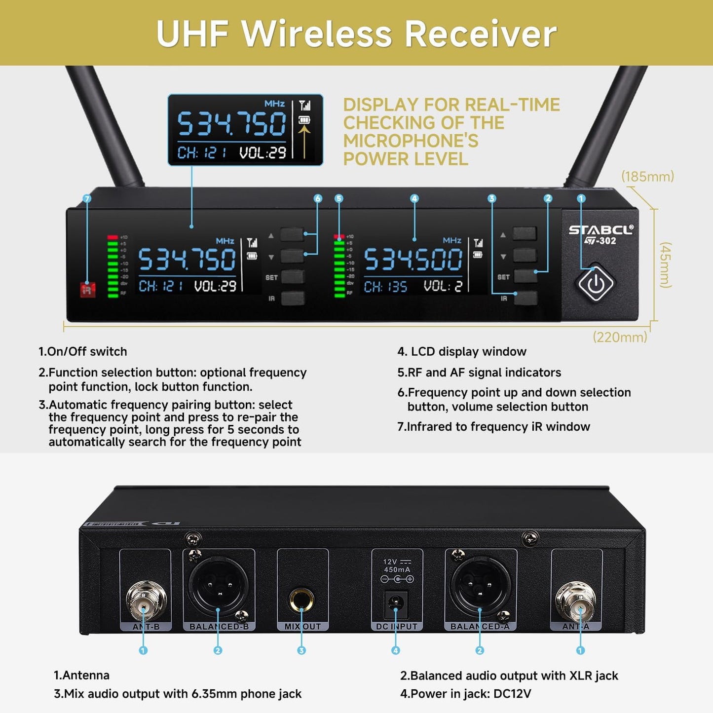 STABCL Dual Wireless Microphone System - 2-Channel UHF Auto Scan Black DEMO