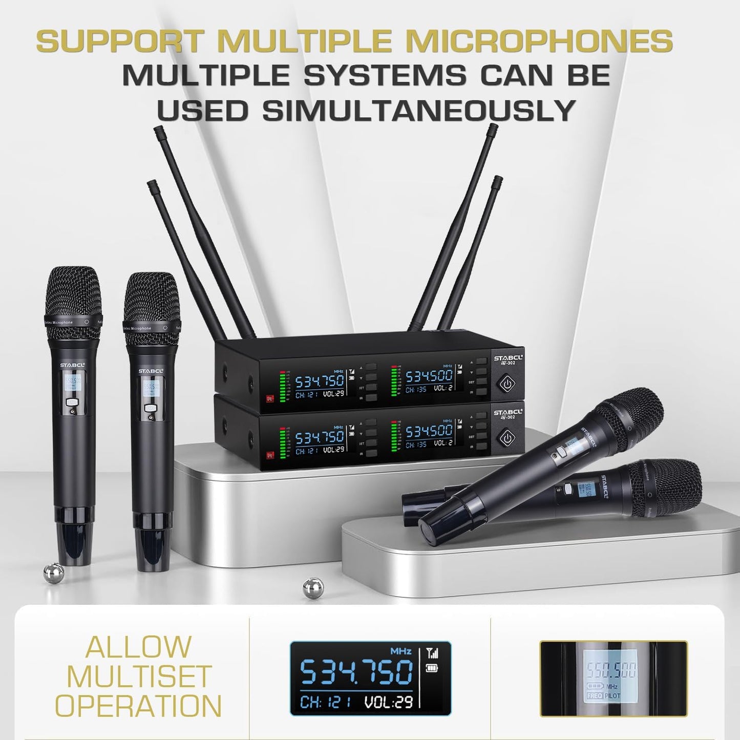 STABCL Dual Wireless Microphone System - 2-Channel UHF Auto Scan Black DEMO