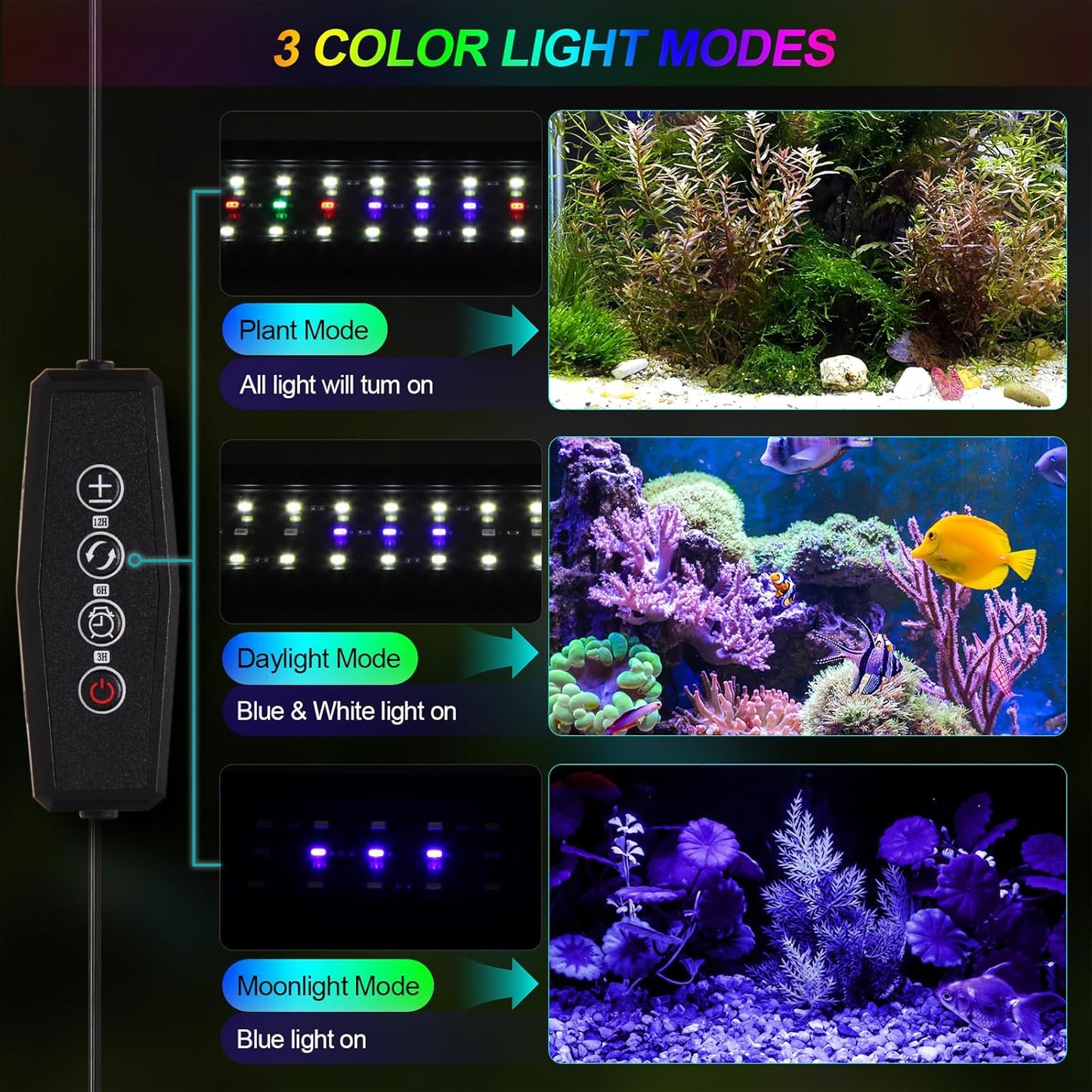 Full Spectrum Aquarium Light with Timer for Fish Tank, Black NEW