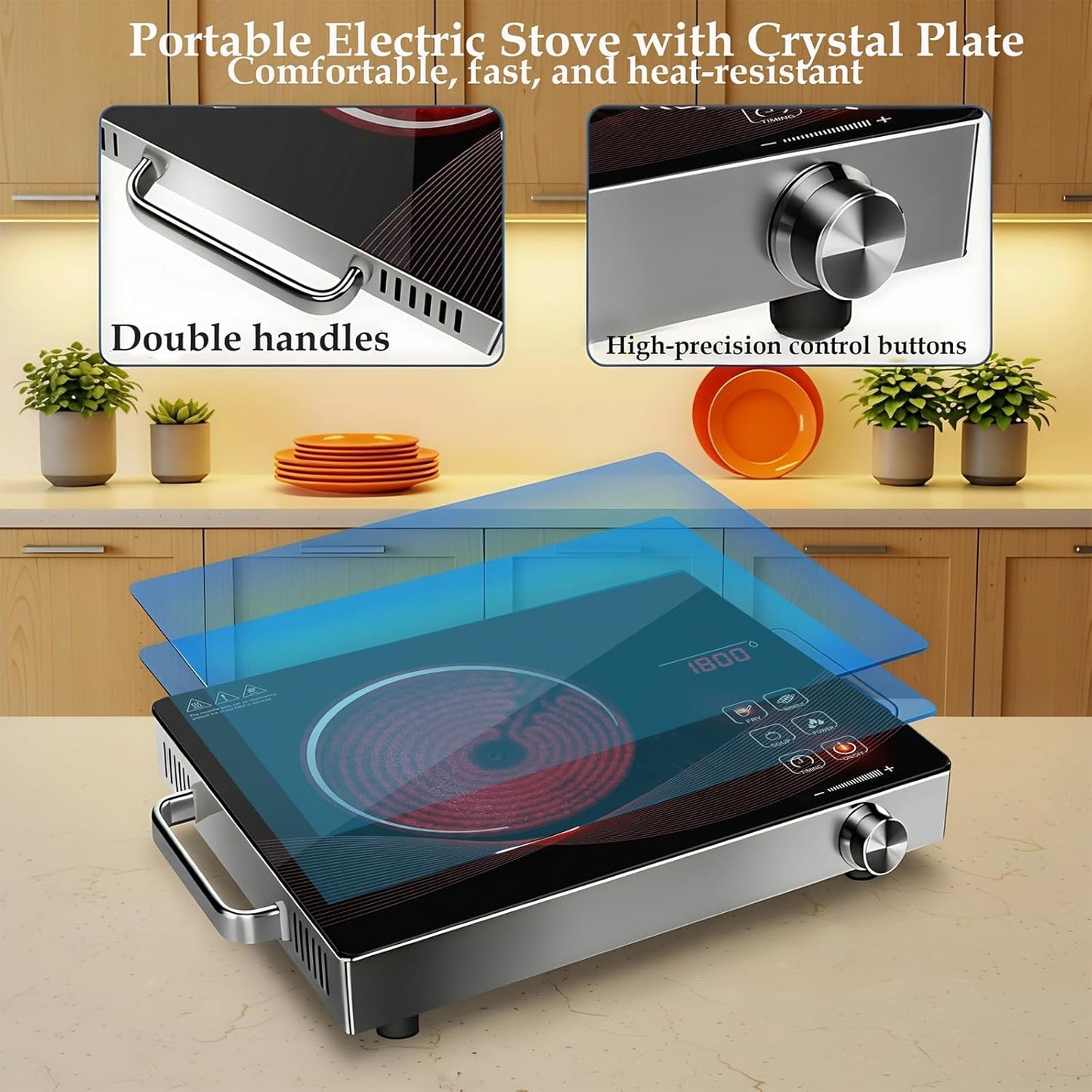 Portable 2200W Electric Ceramic Cooktop Hot Plate, Silver, 453x83x338mm DEMO