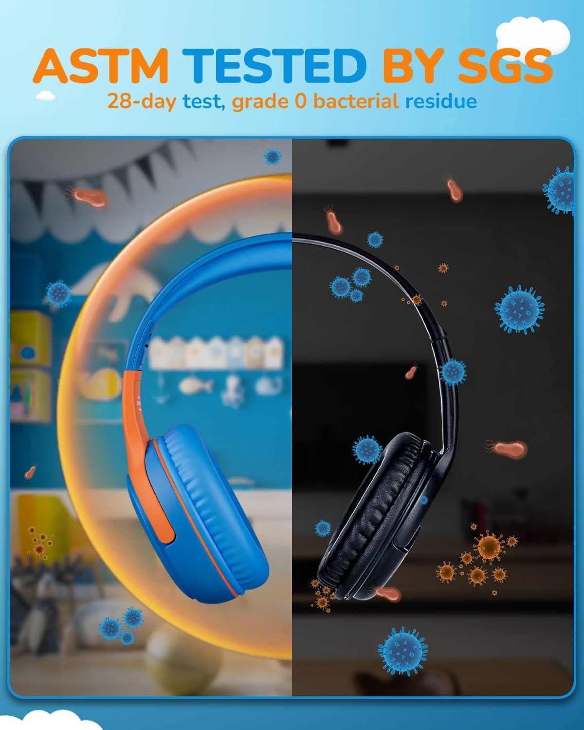 awatrue Kids On-Ear Headphones with Mic, Blue Green & Orange, Comfortable DEMO