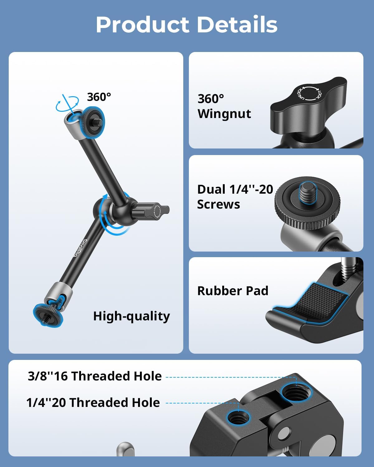 SMALLRIG Adjustable Friction Clamp with 1/4" and 3/8" Thread Holes for DEMO