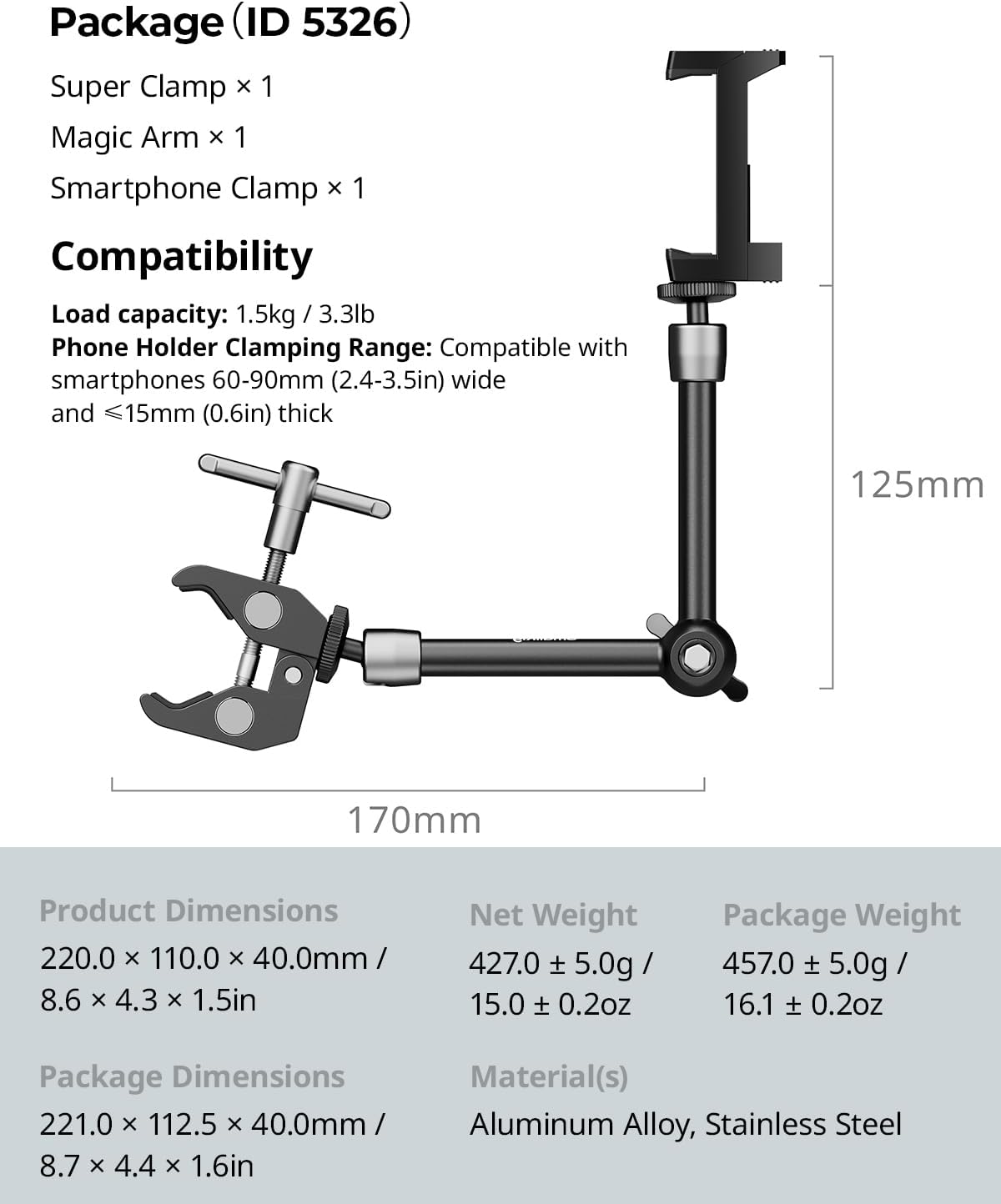 SMALLRIG Adjustable Friction Clamp with 1/4" and 3/8" Thread Holes for DEMO