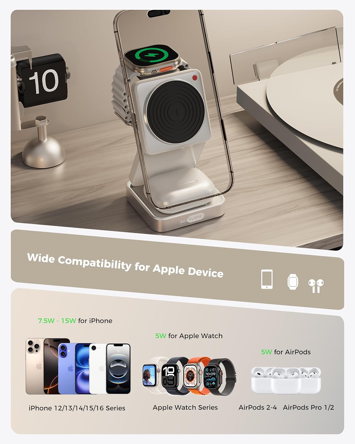SOFLAME 3-in-1 Magnetic Wireless Charging Station for iPhone, AirPods & DEMO