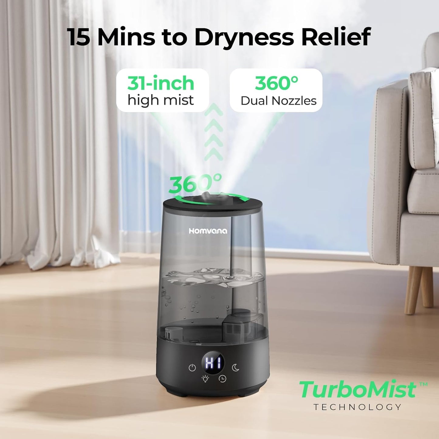 Homvana 3.6L Top-Fill Cool Mist Small Humidifier for Bedroom Home Grey DEMO