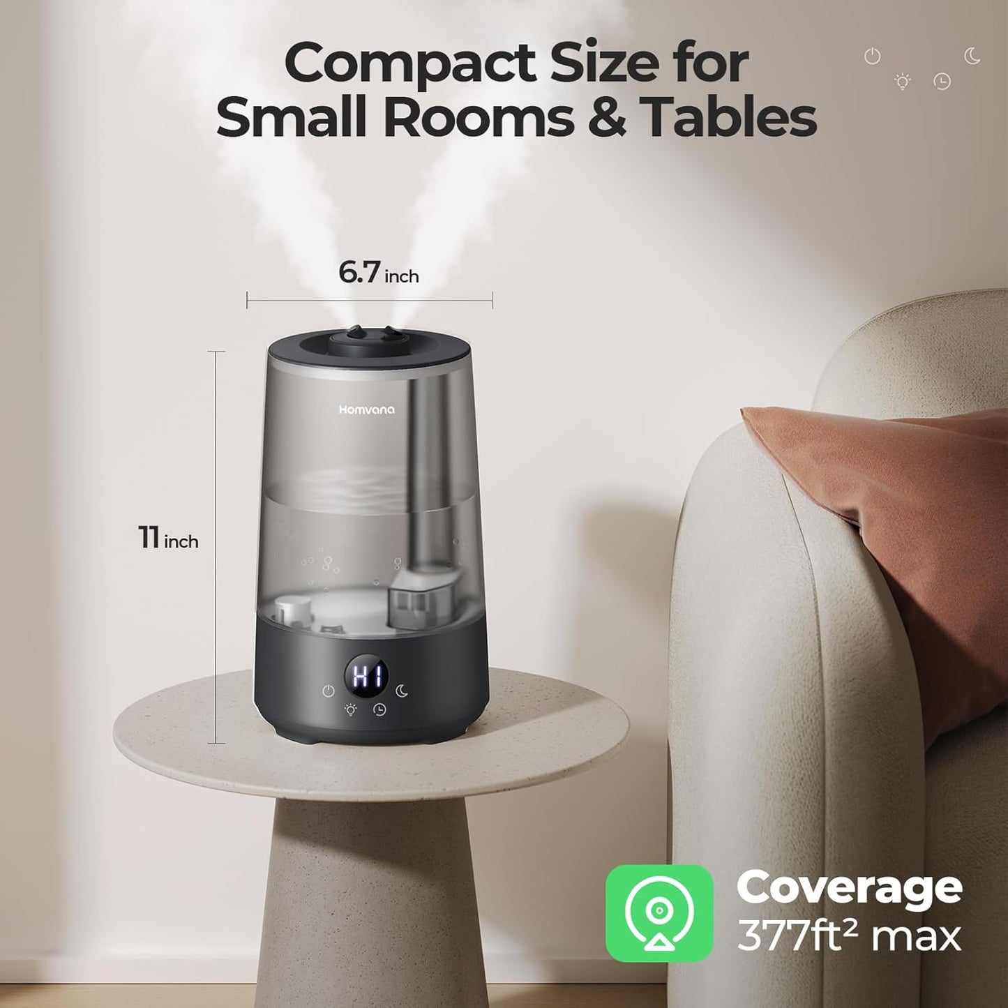 Homvana 3.6L Top-Fill Cool Mist Small Humidifier for Bedroom Home Grey DEMO
