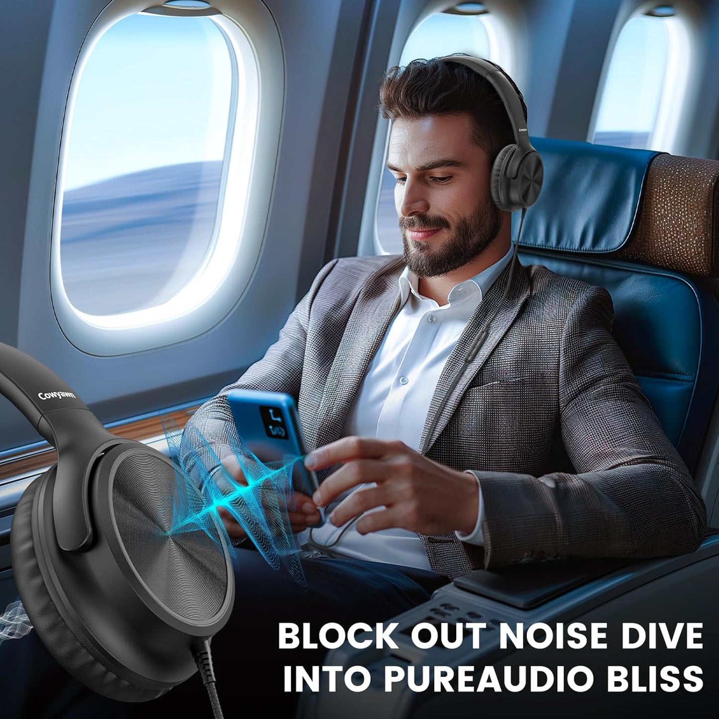 Cowyawn USB-C Wired On-Ear Headphones with Microphone Volume Control Black DEMO