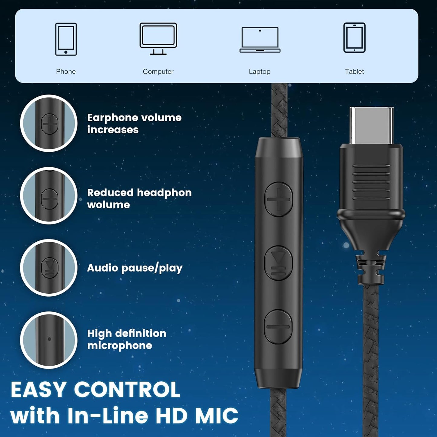 Cowyawn USB-C Wired On-Ear Headphones with Microphone Volume Control Black DEMO