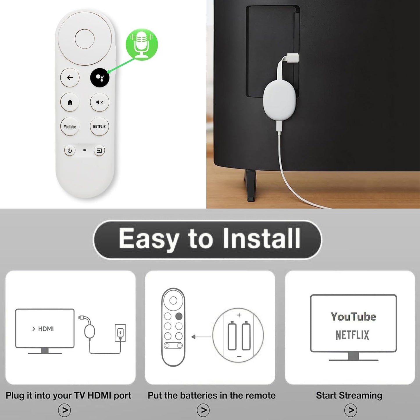 Replacement Voice Remote Control for Google Chromecast 4K HD TV, White DEMO