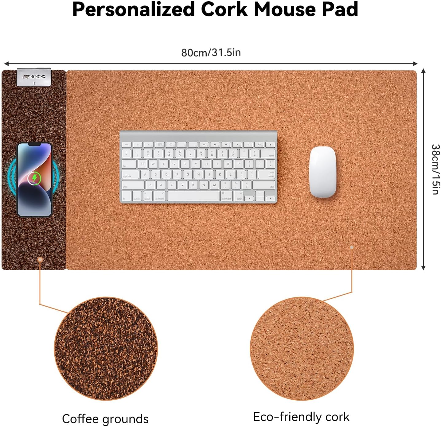 Dual-Sided Wireless Charging Mouse Pad Cork and Black PU Leather 80 x 38 cm DEMO