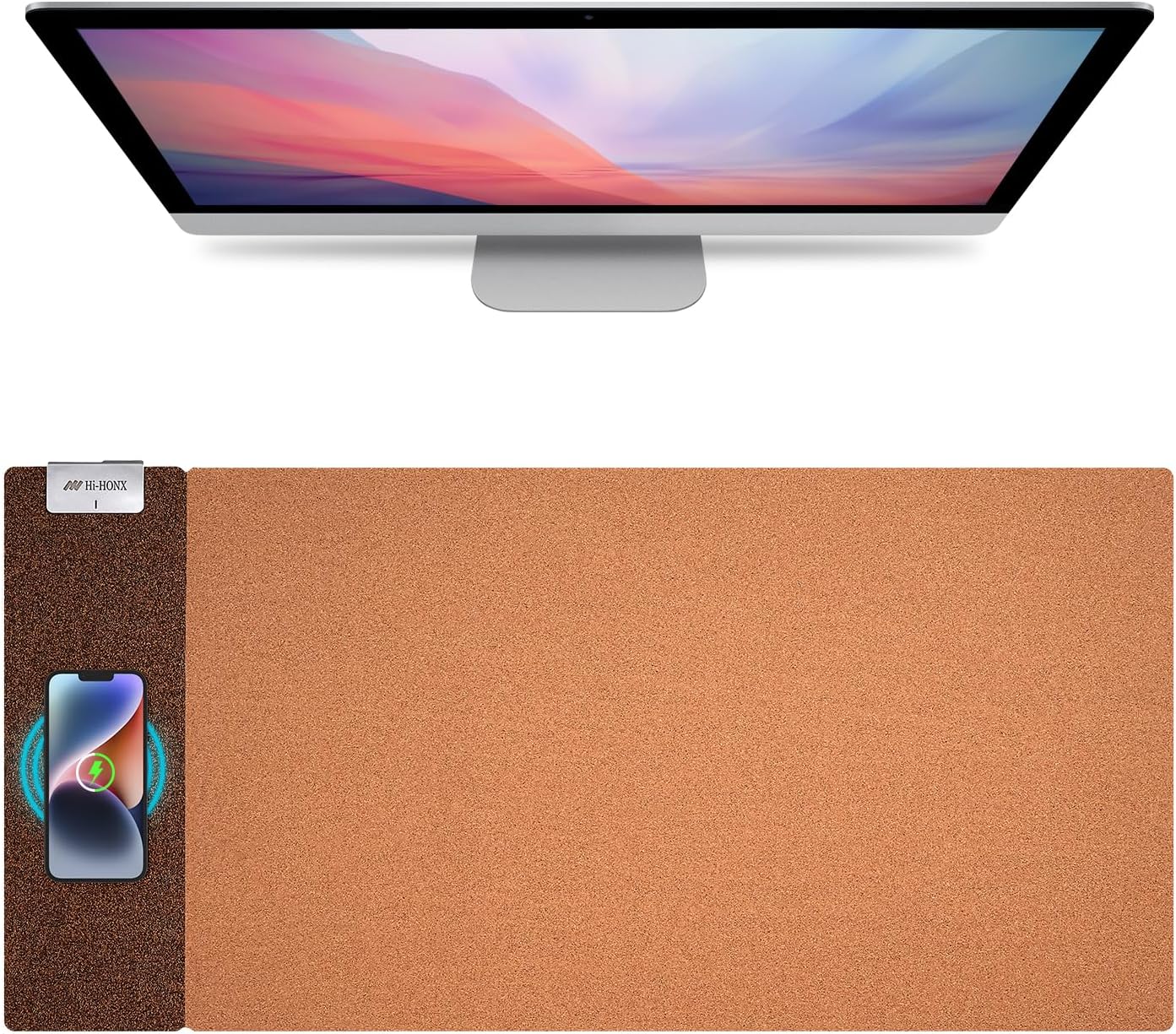 Dual-Sided Wireless Charging Mouse Pad Cork and Black PU Leather 80 x 38 cm DEMO