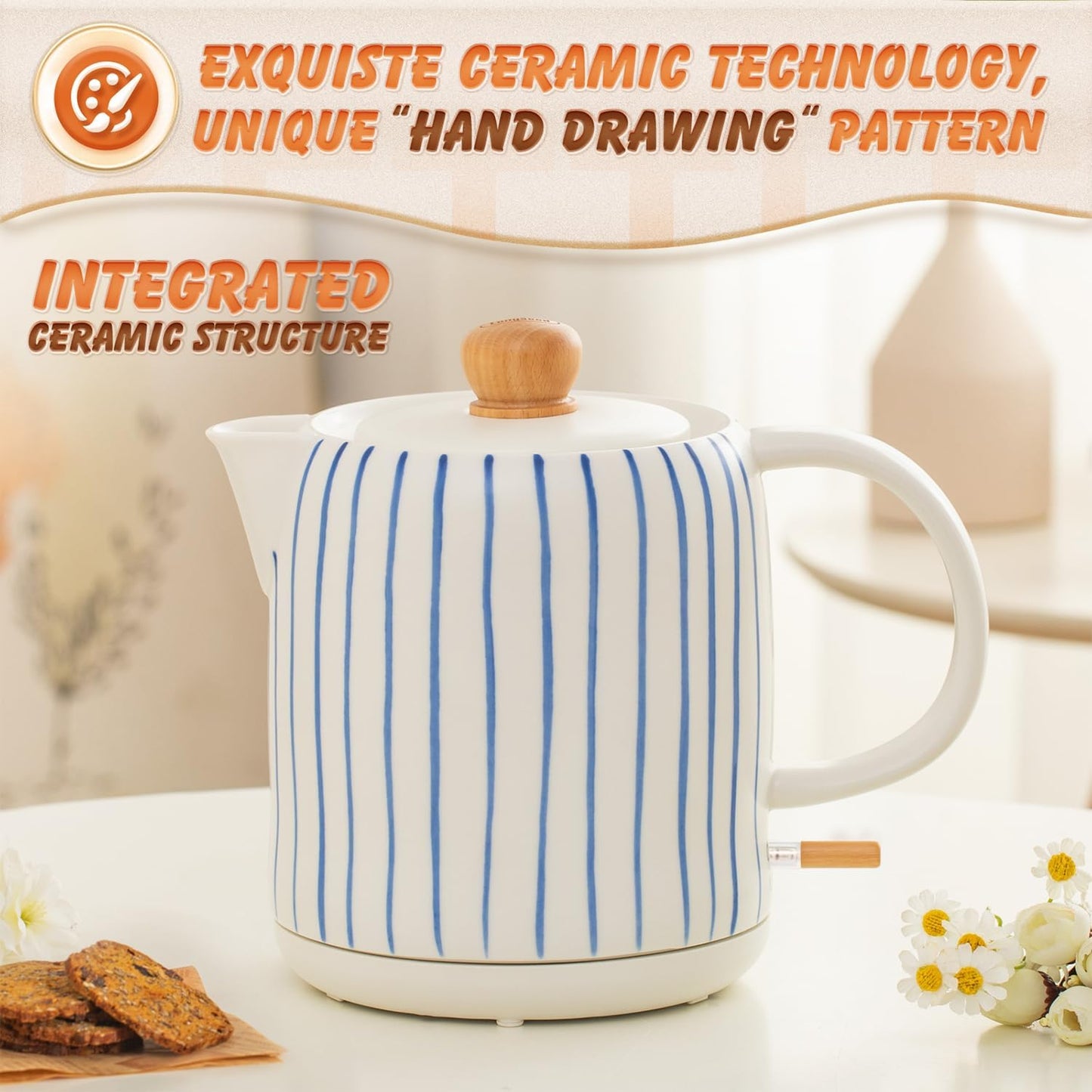 LONGSEED 1L Electric Kettle, Ceramic White, Boils Water Quickly, Stylish NEW