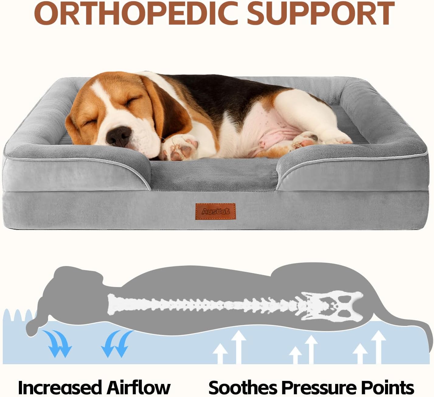 AUSCAT Orthopedic Beds Dog Bed Memory Foam Waterproof Gray Size 60x45x15 cm