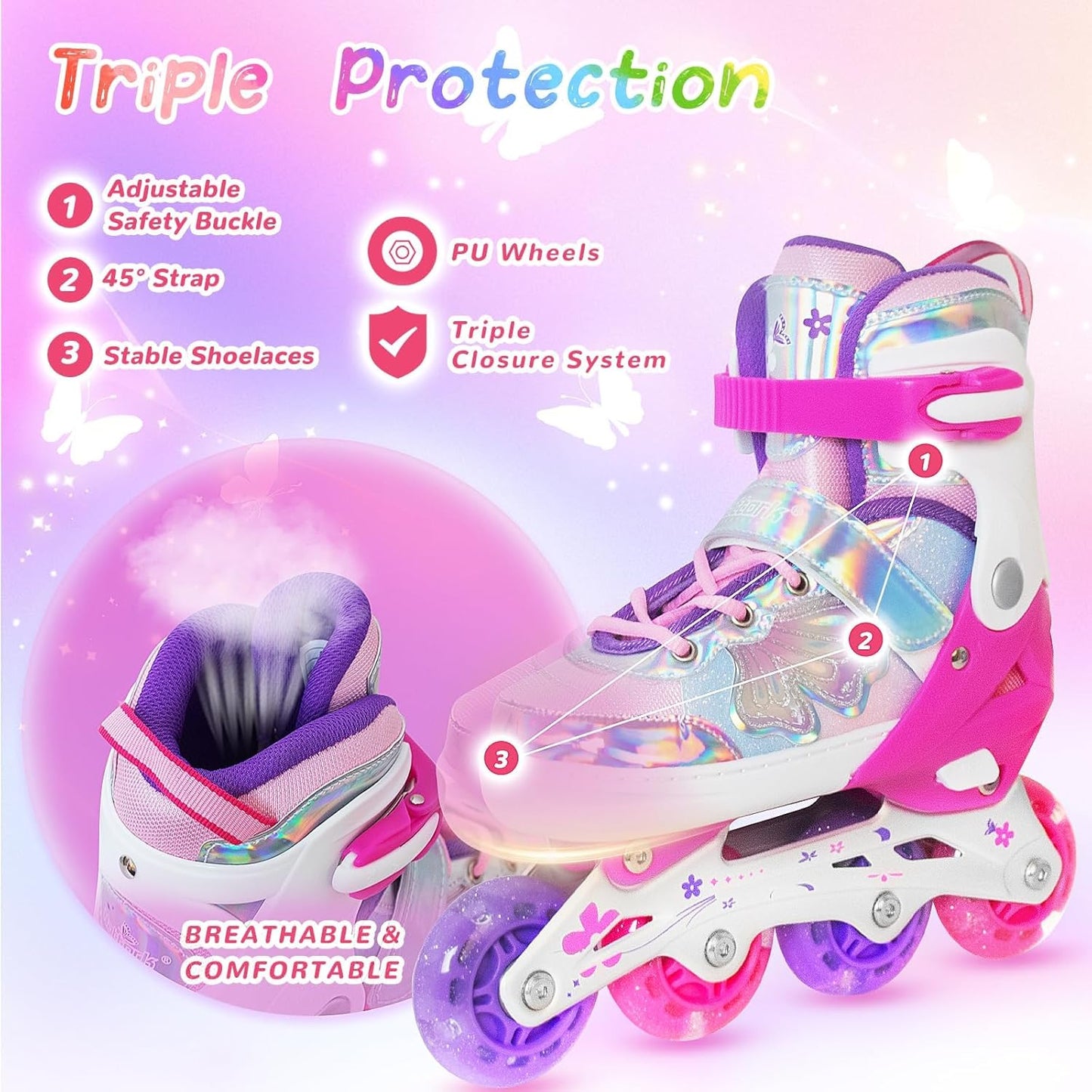 Nattork Kids Inline Skates Adjustable Butterfly & Flower Rose Large(5-8US) NEW