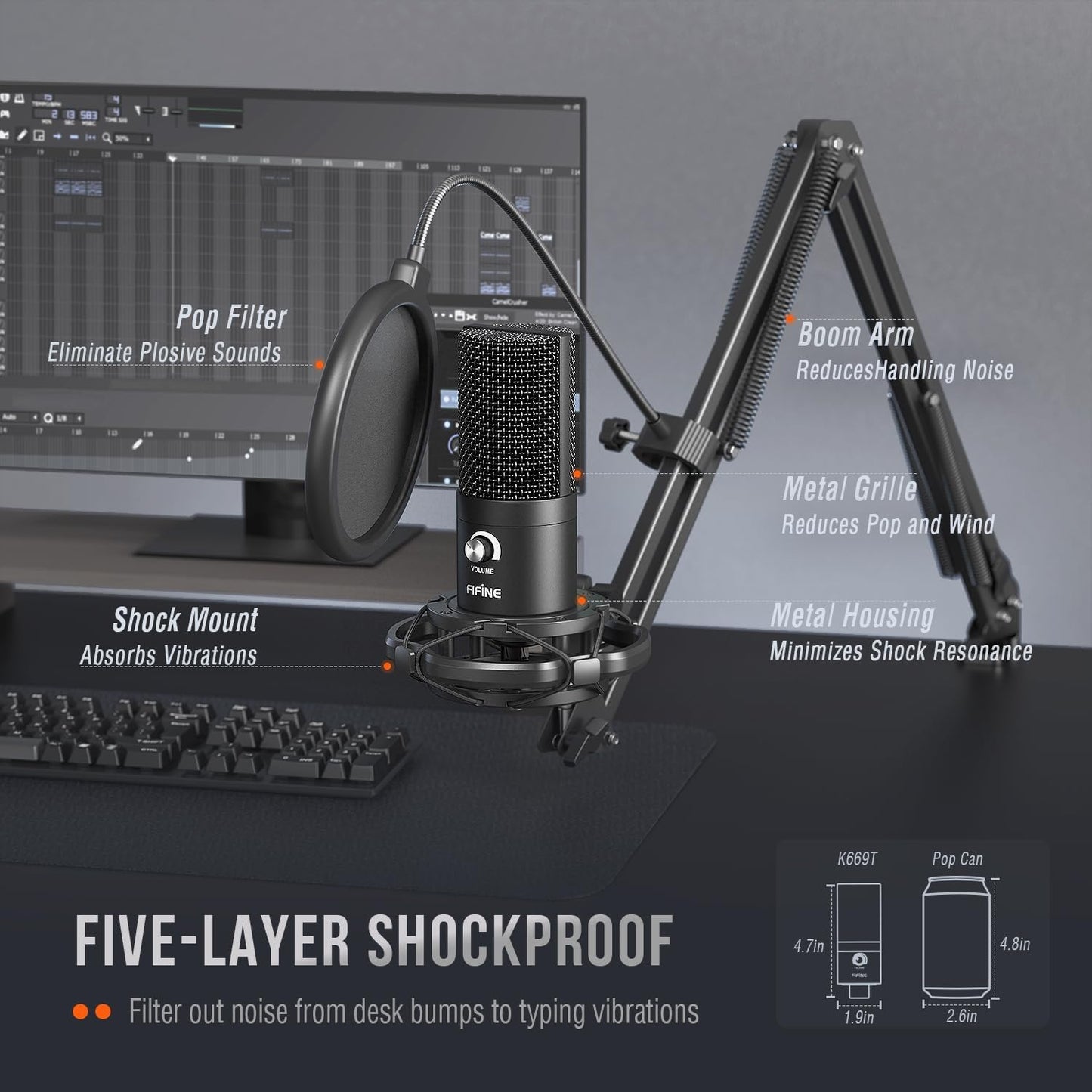 FIFINE Studio Condenser USB Microphone Kit with Adjustable Tripod Stand DEMO