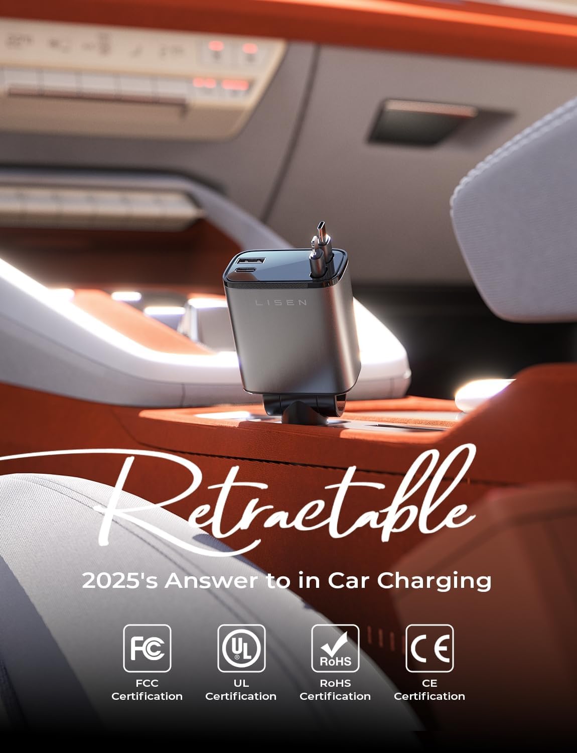LISEN 84W Car Accessories Retractable Car Charger USB-C Cigarette Lighter NEW