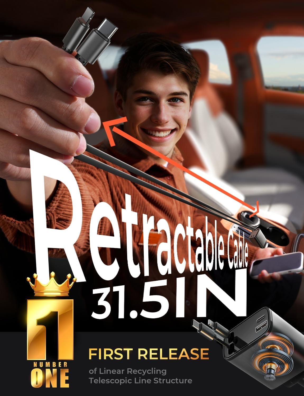 LISEN 84W Car Accessories Retractable Car Charger USB-C Cigarette Lighter NEW