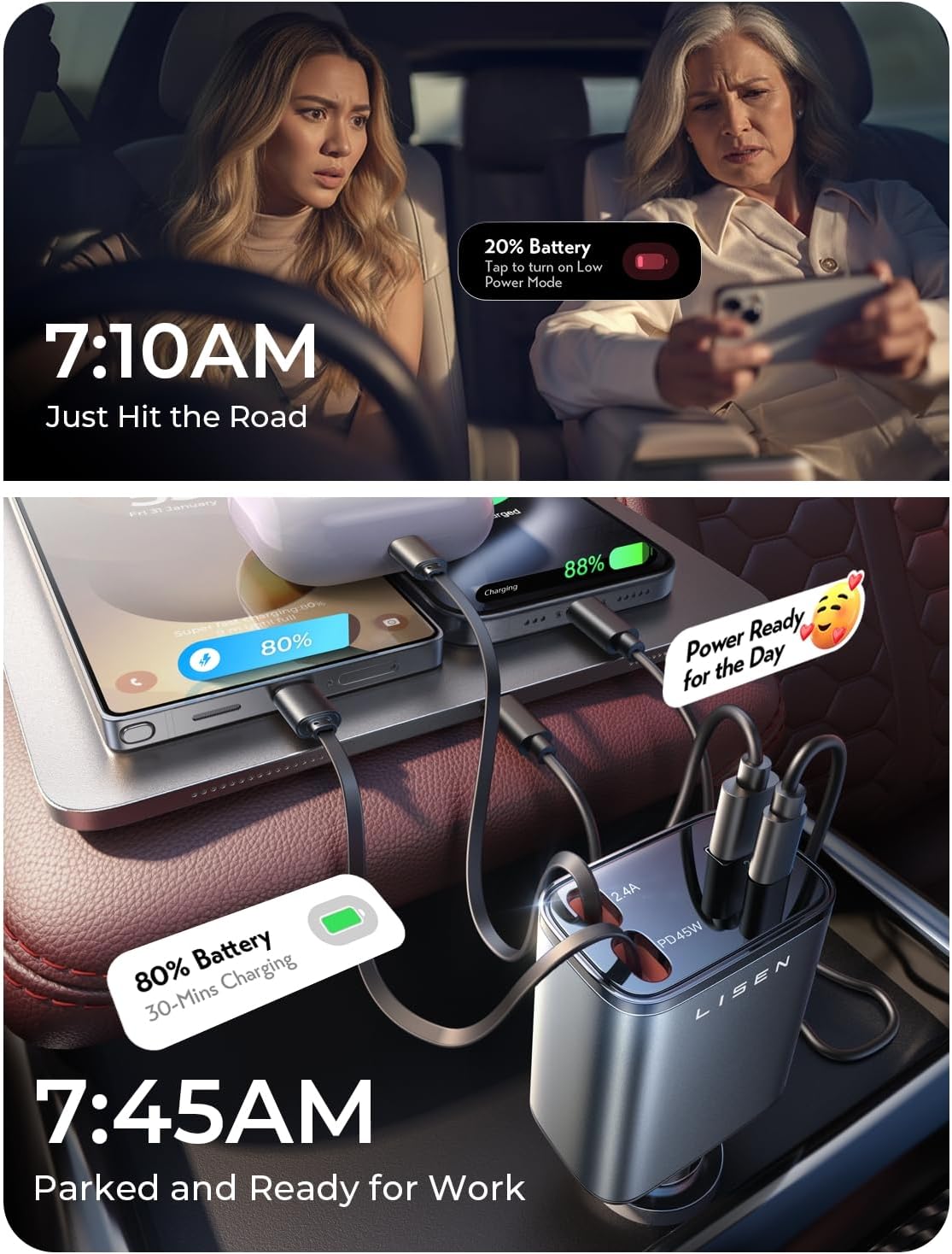 LISEN 84W Car Accessories Retractable Car Charger USB-C Cigarette Lighter NEW
