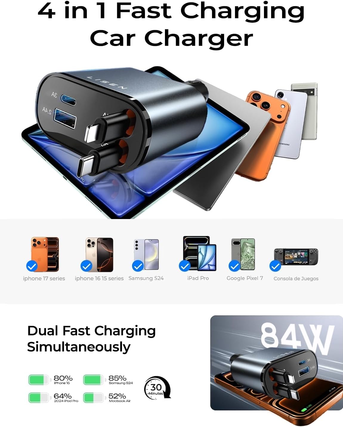 LISEN 84W Car Accessories Retractable Car Charger USB-C Cigarette Lighter NEW