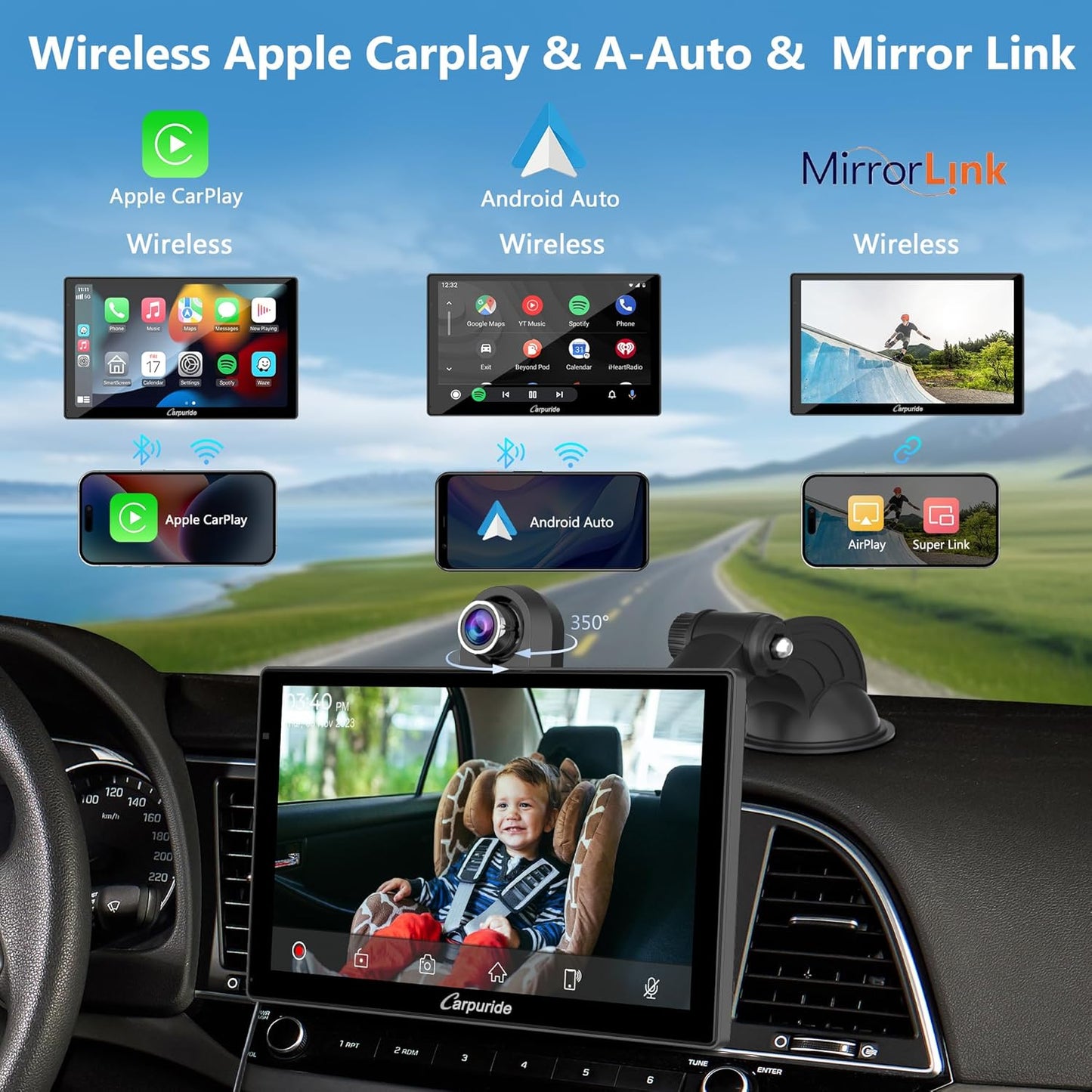 CARPURIDE Wireless Car Electronics Carplay & Android Auto Portable 9" Touch NEW